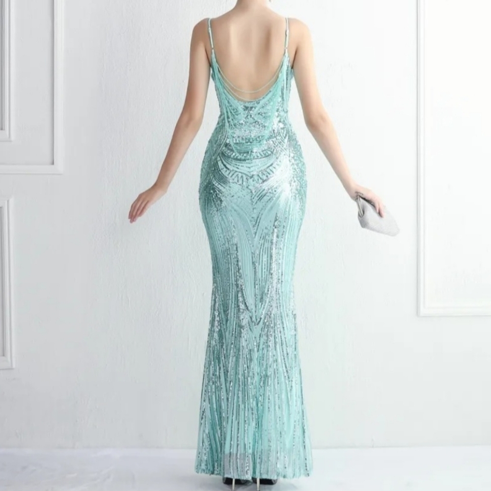 Mint Green, Geo Print, Sleeveless, Beaded Draped Back, Sequined Mermai…CUSTOM - Picture 13 of 16